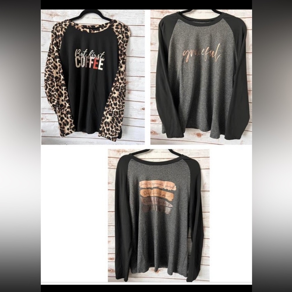 Bundle of 3 Raglan Tops Tees 1XL XL Leopard Coffee Grateful